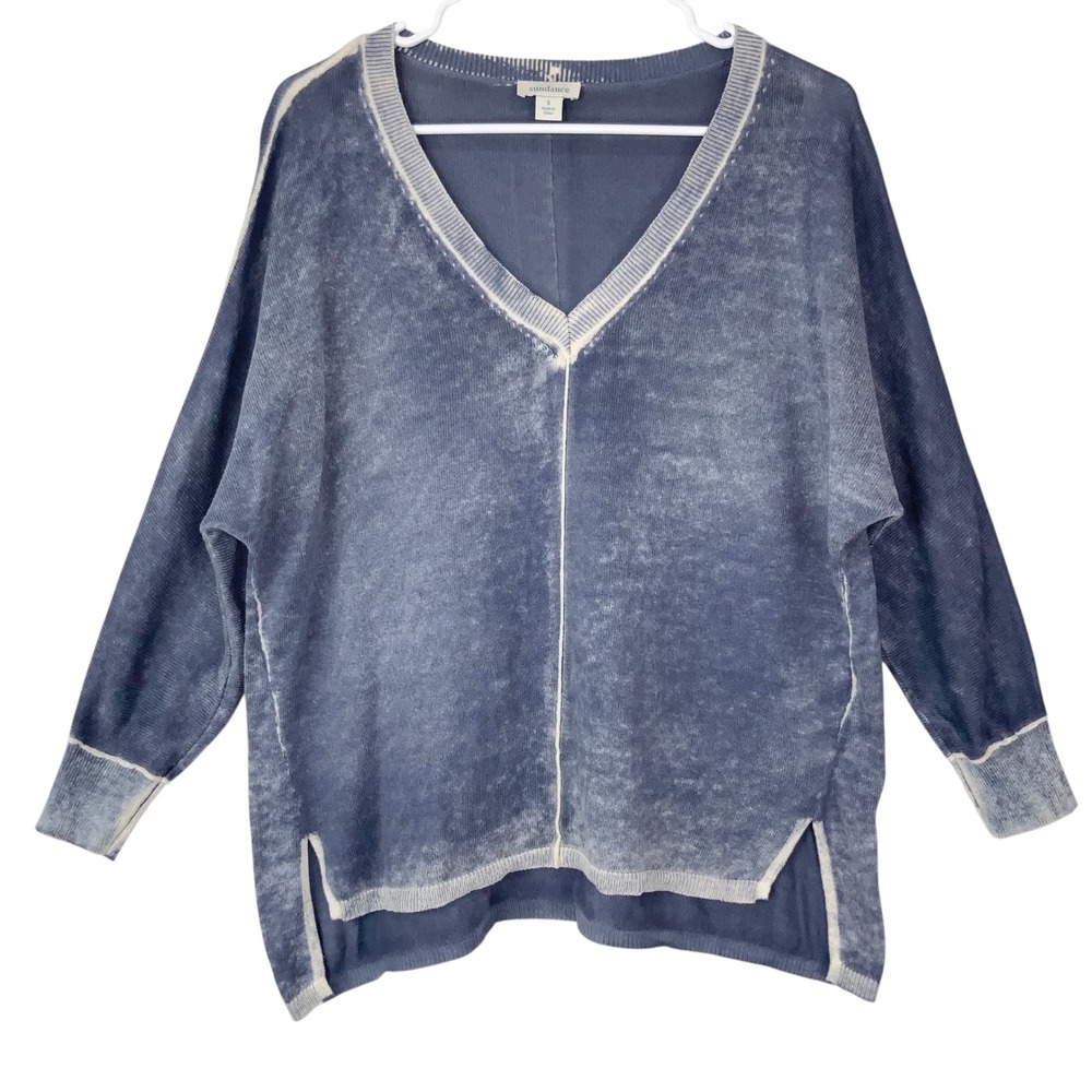 Sundance Blue Acid Wash Sweater S Pullover V-Neck Long Sleeve Side Slit